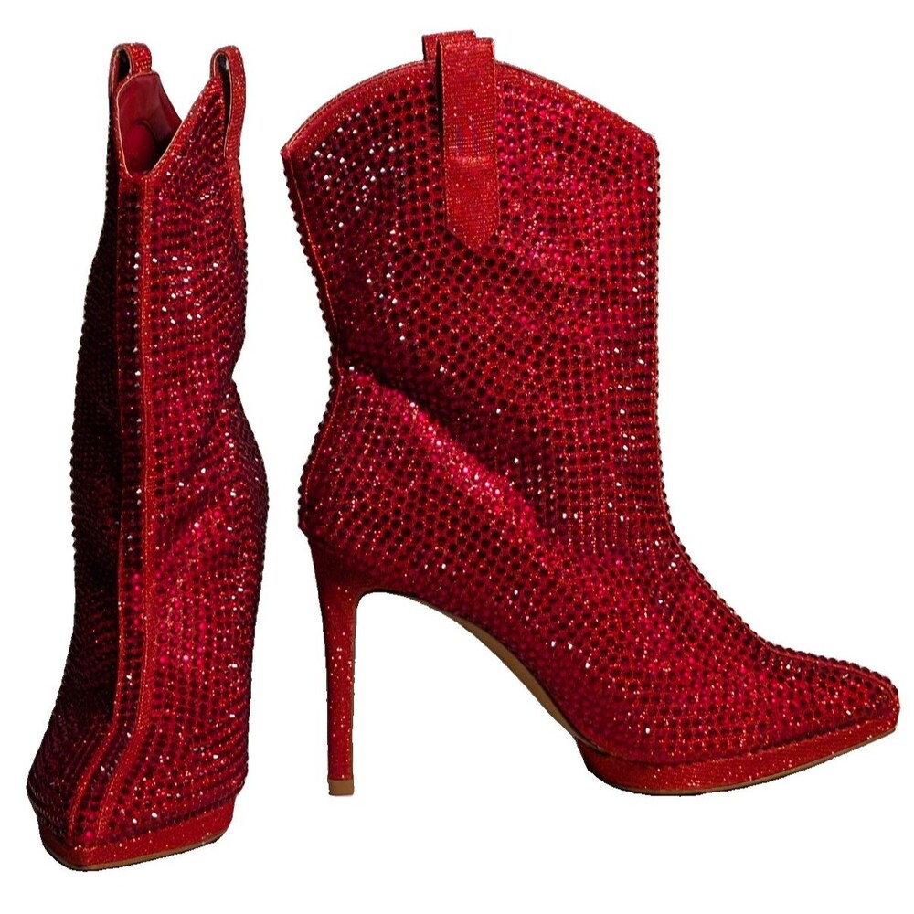 Jessica Simpson Vianne Women's 8M Red Rhinestone Western Stiletto Booties